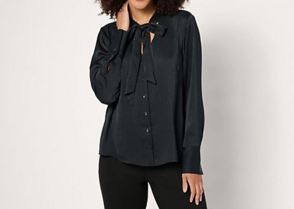 Beautiful Button Front Novelty Bow Size Med Black Blouse A670912 NWOT